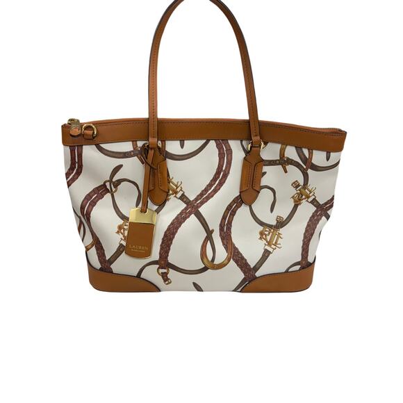 LAUREN RALPH LAUREN CREAM AND BROWN CALDWELL BELTIN BARREL SATCHEL - Picture 2 of 5